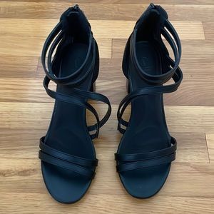 black strappy heels, zips in the back